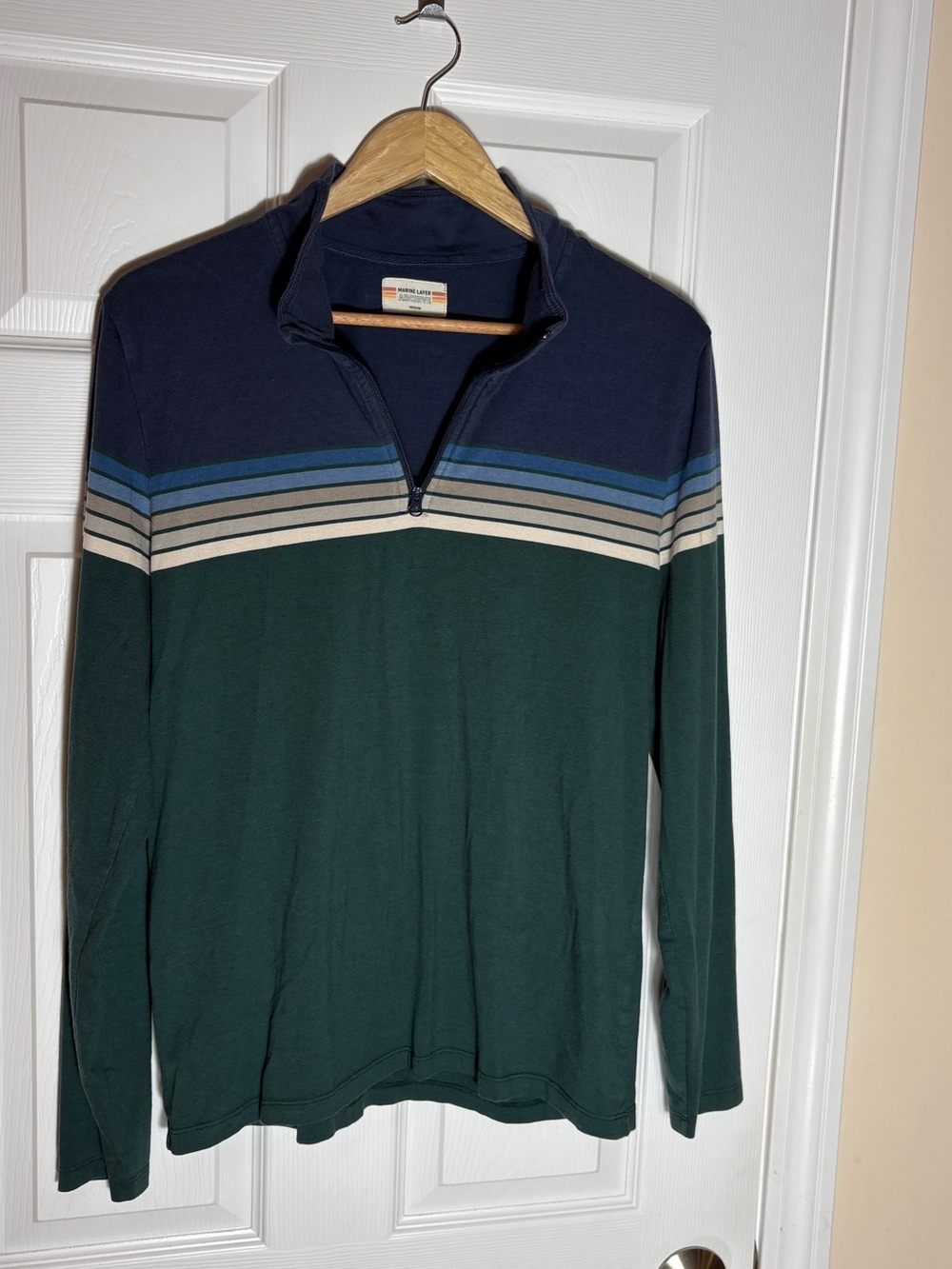 Marine Layer Archive Chest Stripe 1/4 Zip Pullover - Med  Clean minimalist Gorp